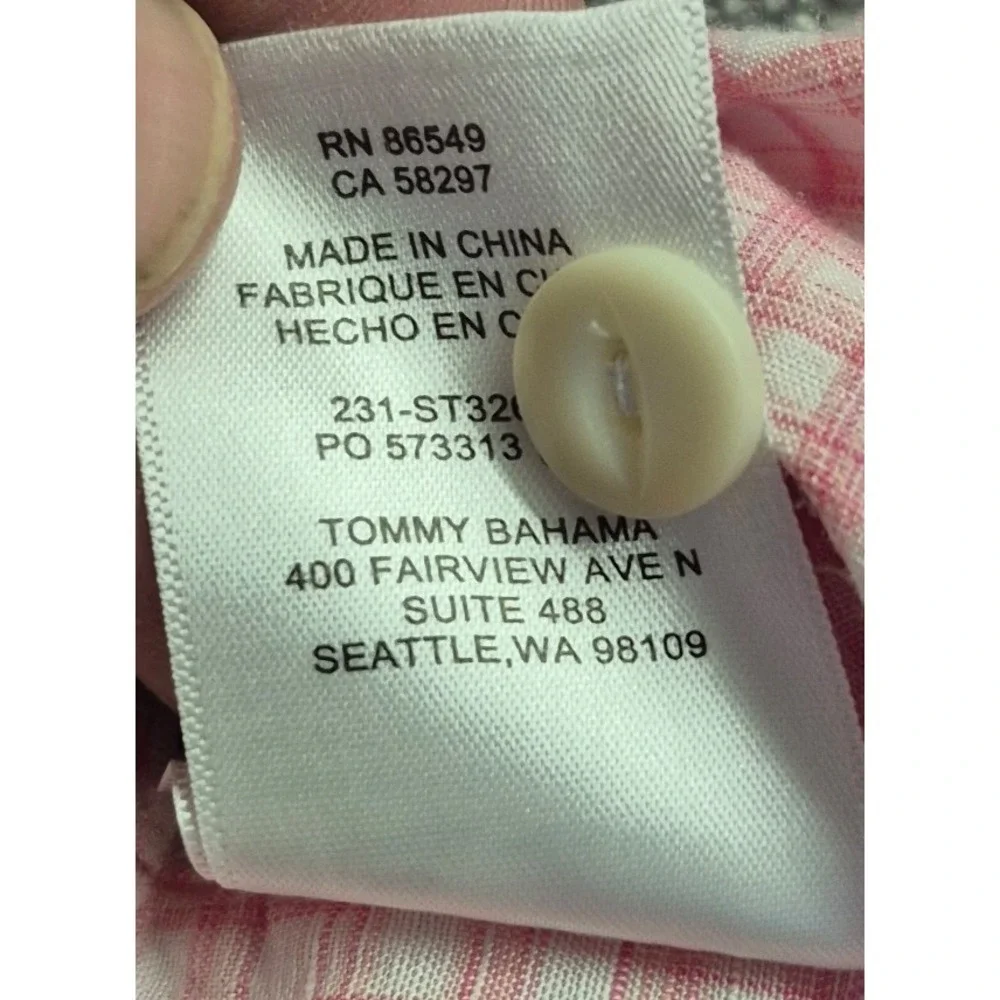 Tommy Bahama men's pink white checker short sleeve button‎ up XL Linen Blend